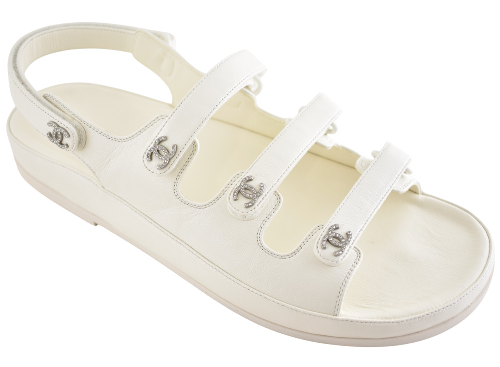 Chanel 24S White Leather Triple Strap CC Logo Mule Slide Teva Dad Sandal Flat 41